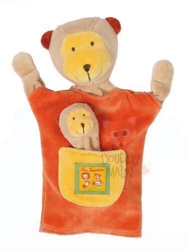  singe et son bébé marionnette les loustics orange jaune beige 